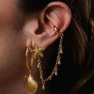 New Gold Ss Starfish and Shell Chain Dangle Ear Cuff 1 Pc Earrings
